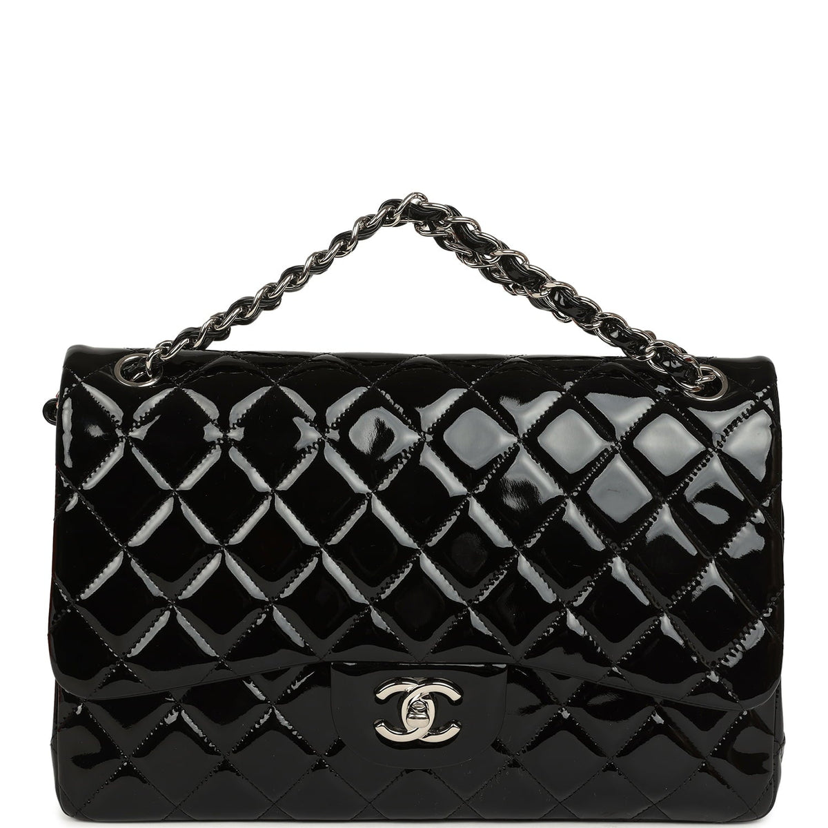 Pre-owned Chanel Jumbo Classic Double Flap Bag Black Patent Silver Hardware