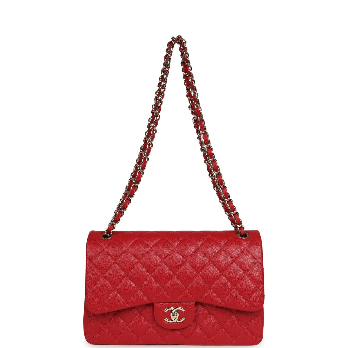 Chanel Jumbo Classic Double Flap Bag Red Shiny Caviar Gold Hardware