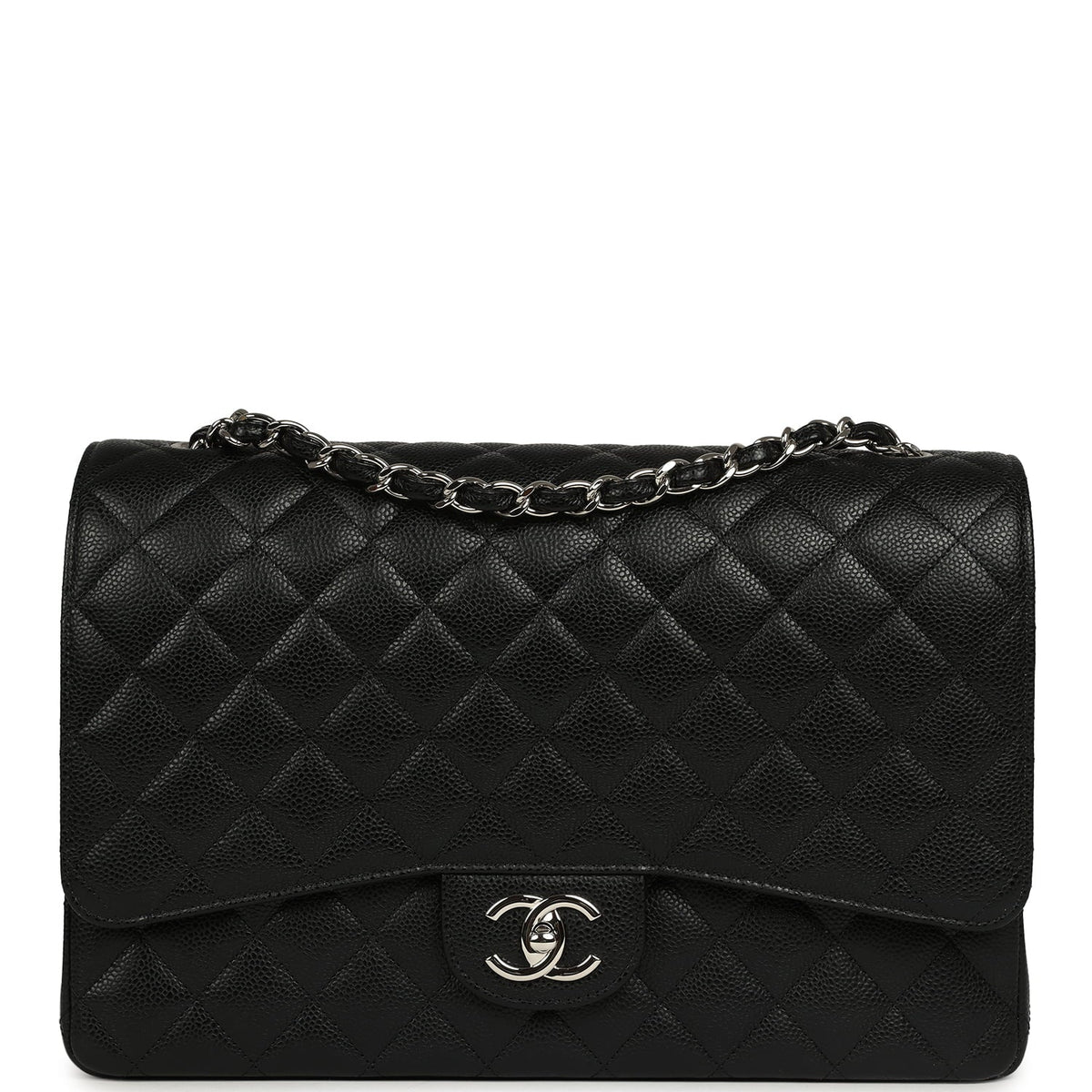 Chanel Maxi Classic Double Flap Bag Black Caviar Silver Hardware