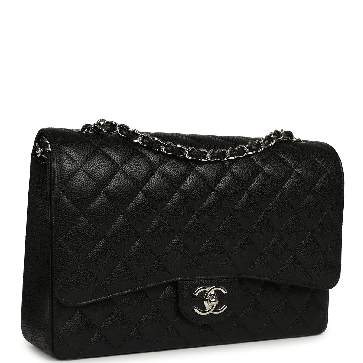Chanel Maxi Classic Double Flap Bag Black Caviar Silver Hardware