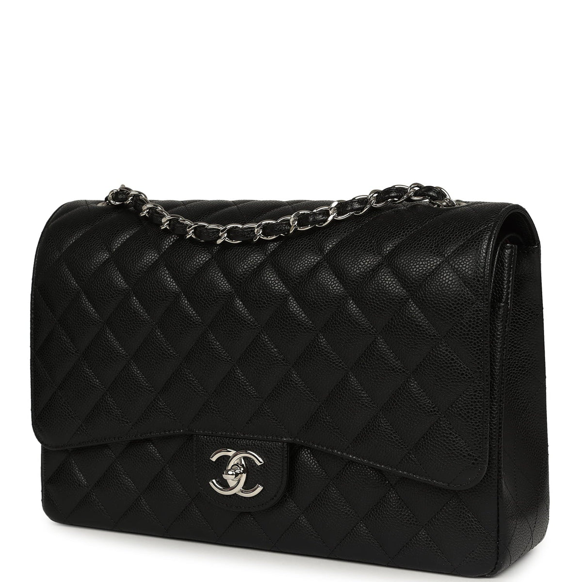 Chanel Maxi Classic Double Flap Bag Black Caviar Silver Hardware