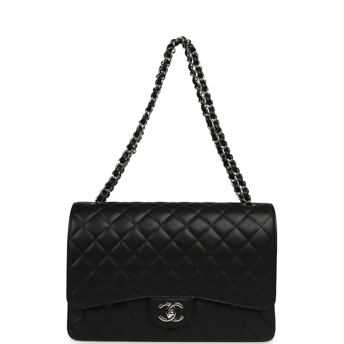 Chanel Maxi Classic Double Flap Bag Black Caviar Silver Hardware