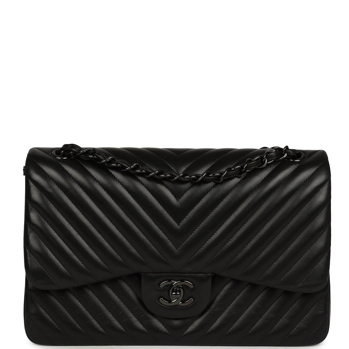 Pre-owned Chanel Jumbo Classic Chevron Double Flap Bag So Black Lambskin Black Hardware