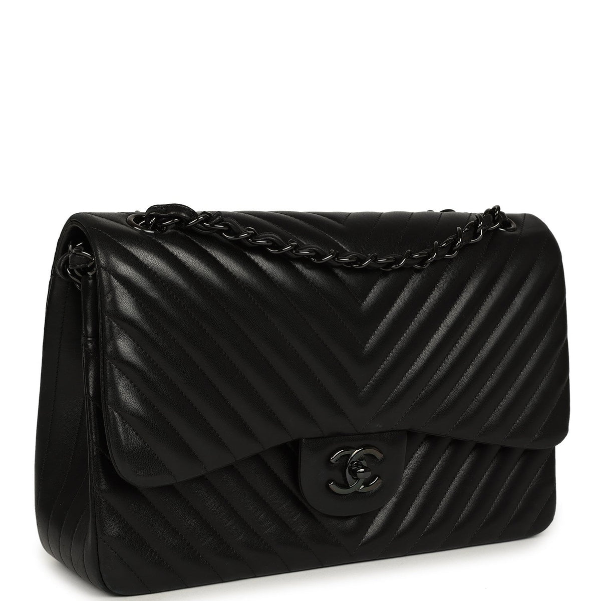 Pre-owned Chanel Jumbo Classic Chevron Double Flap Bag So Black Lambskin Black Hardware