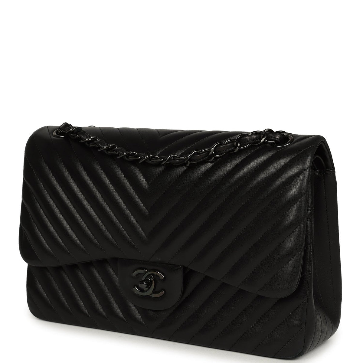 Pre-owned Chanel Jumbo Classic Chevron Double Flap Bag So Black Lambskin Black Hardware