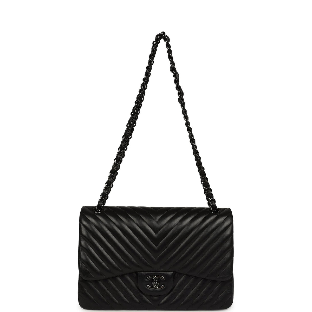 Pre-owned Chanel Jumbo Classic Chevron Double Flap Bag So Black Lambskin Black Hardware