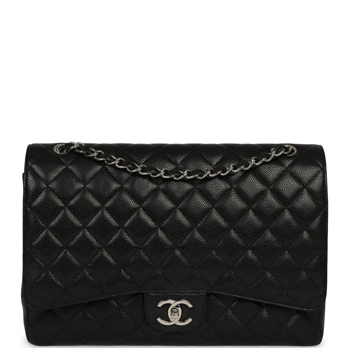Pre-owned Chanel Maxi Classic Double Flap Bag Black Caviar Silver Hardware