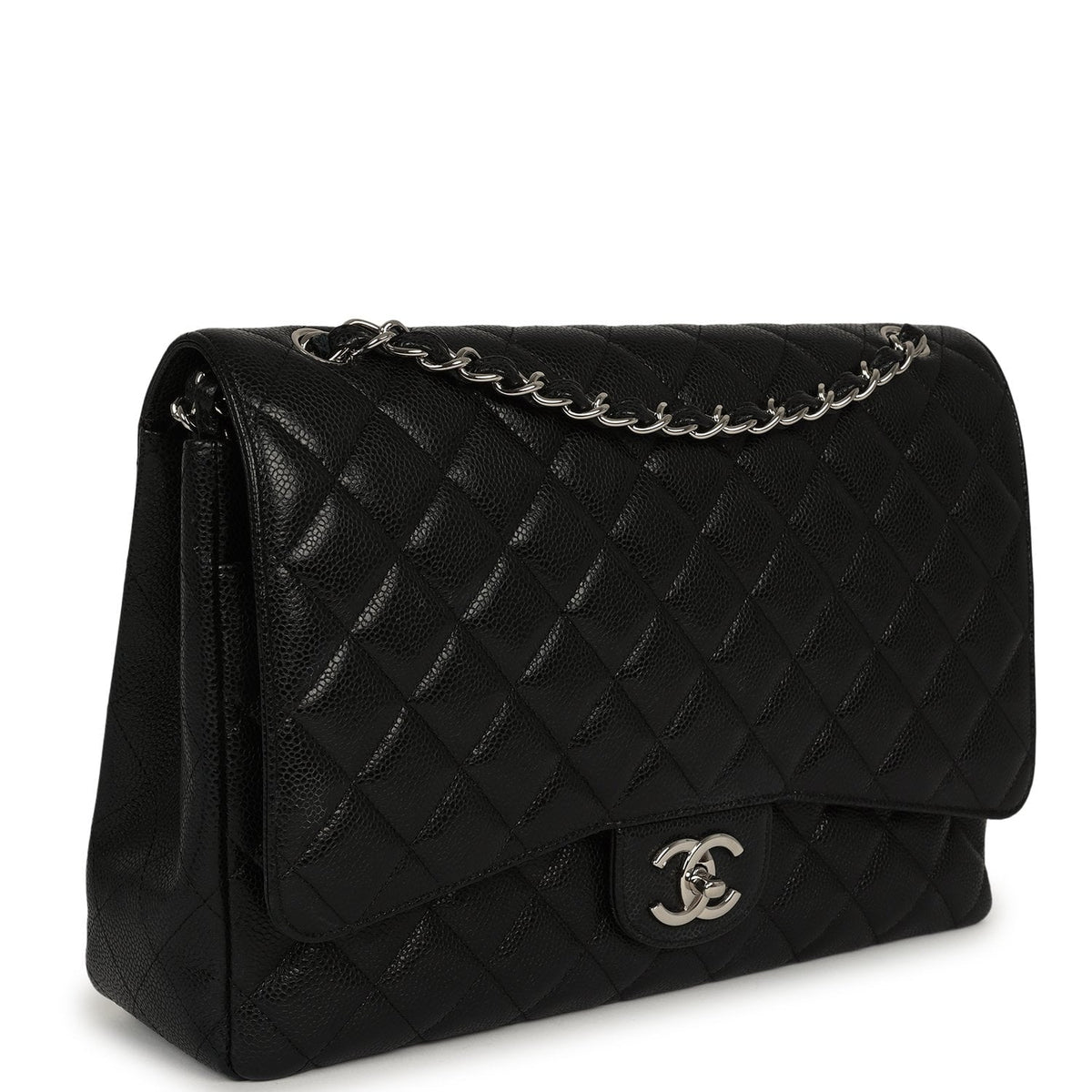 Pre-owned Chanel Maxi Classic Double Flap Bag Black Caviar Silver Hardware