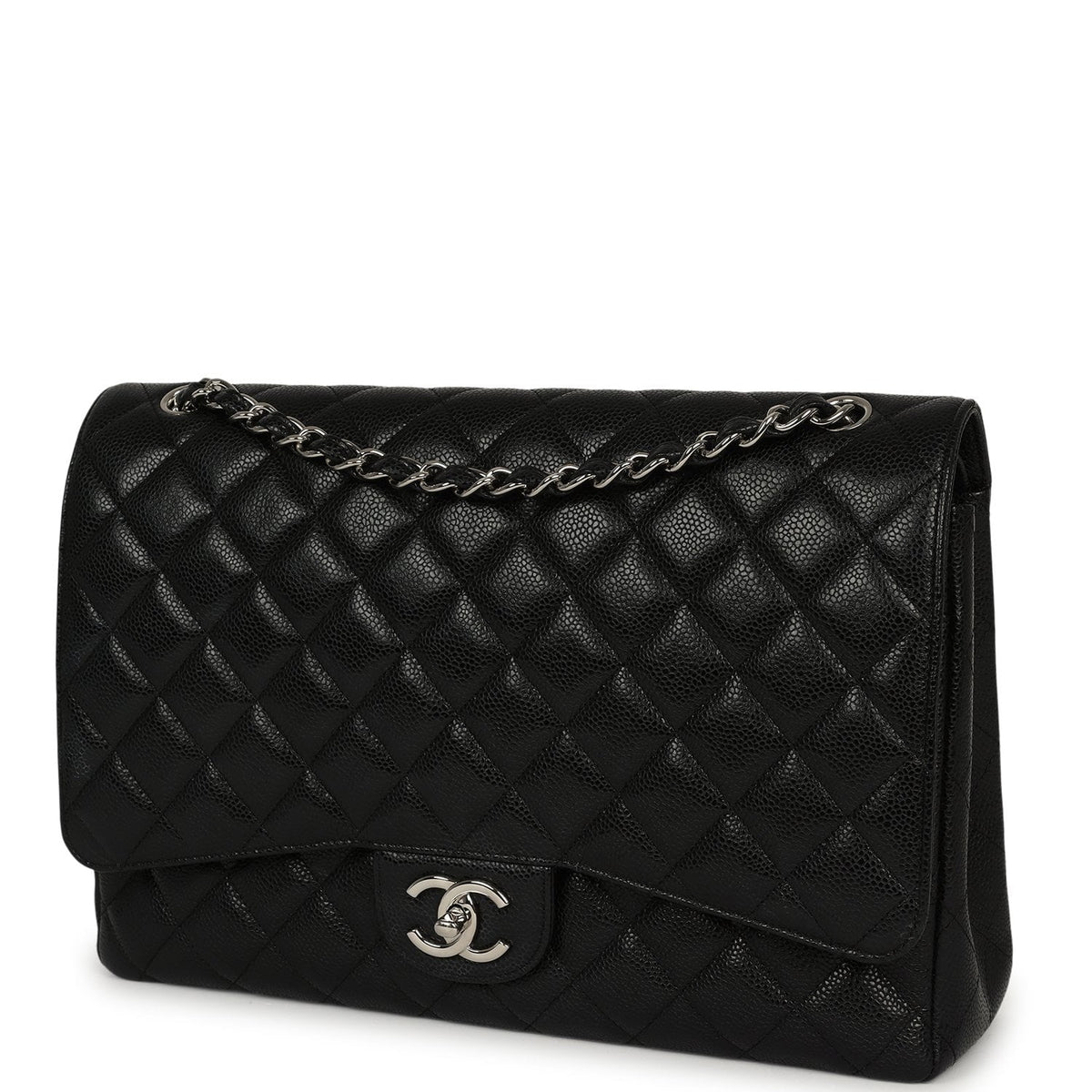 Pre-owned Chanel Maxi Classic Double Flap Bag Black Caviar Silver Hardware