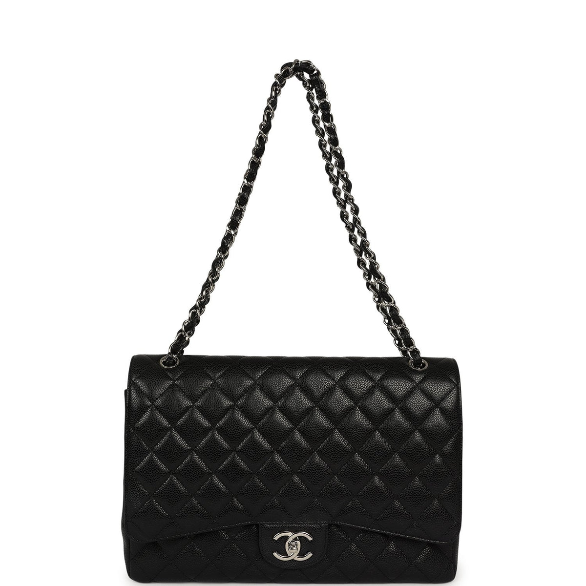 Pre-owned Chanel Maxi Classic Double Flap Bag Black Caviar Silver Hardware