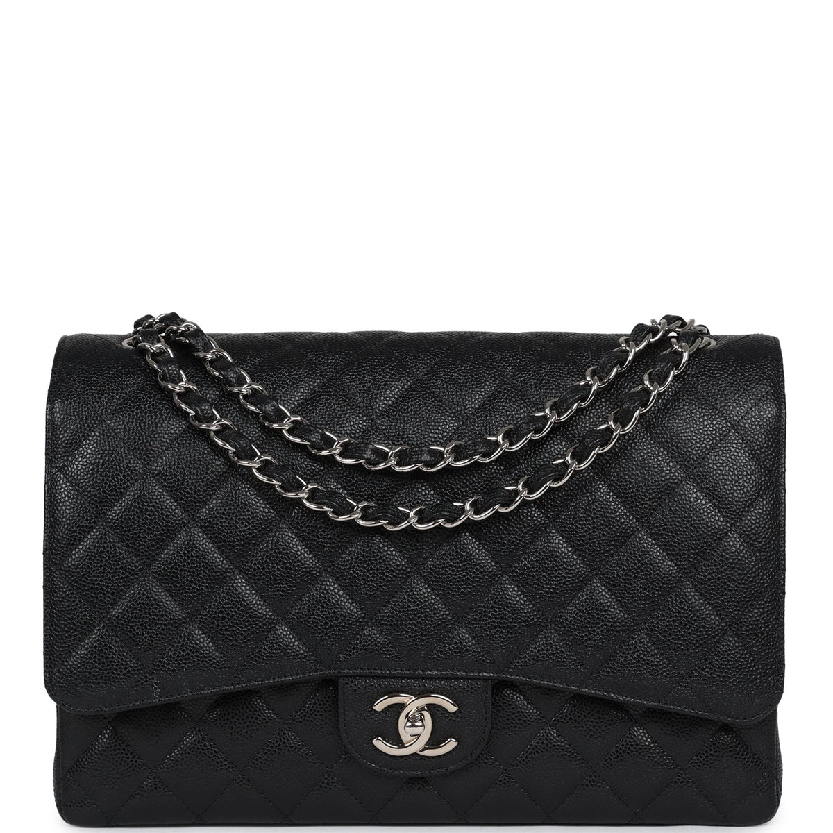 Chanel Maxi Classic Double Flap Bag Black Caviar Silver Hardware