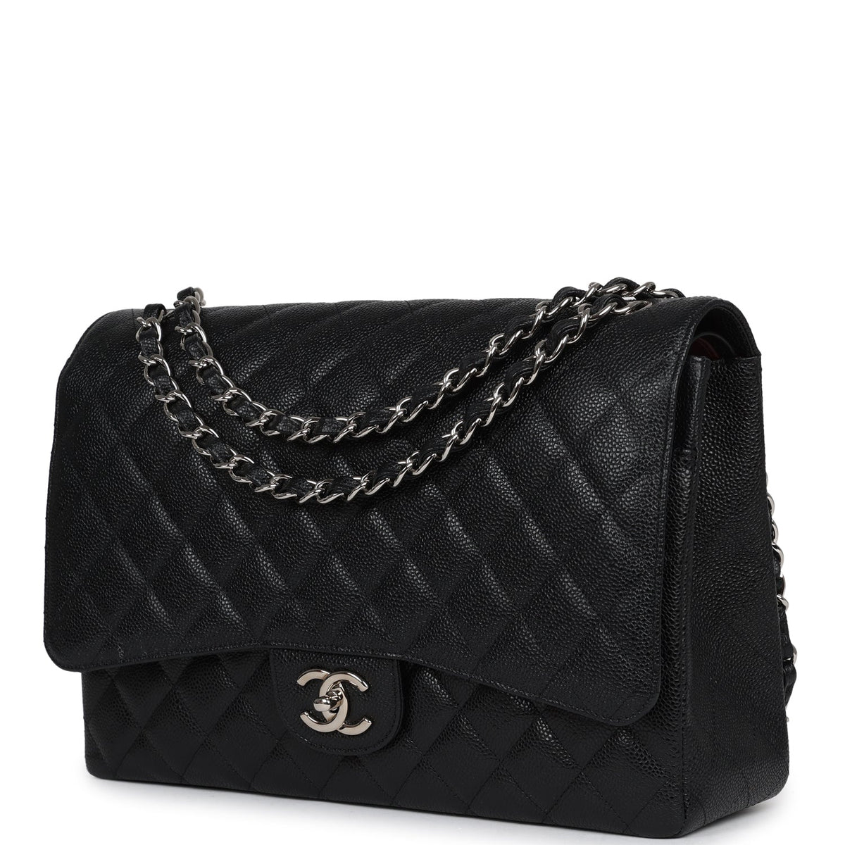 Chanel Maxi Classic Double Flap Bag Black Caviar Silver Hardware