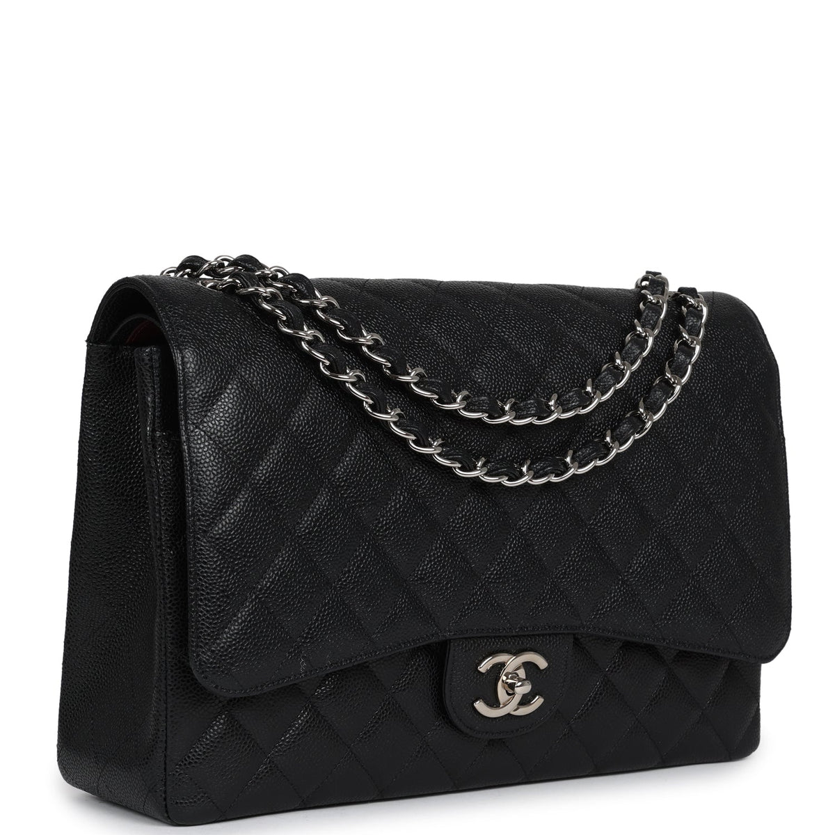 Chanel Maxi Classic Double Flap Bag Black Caviar Silver Hardware