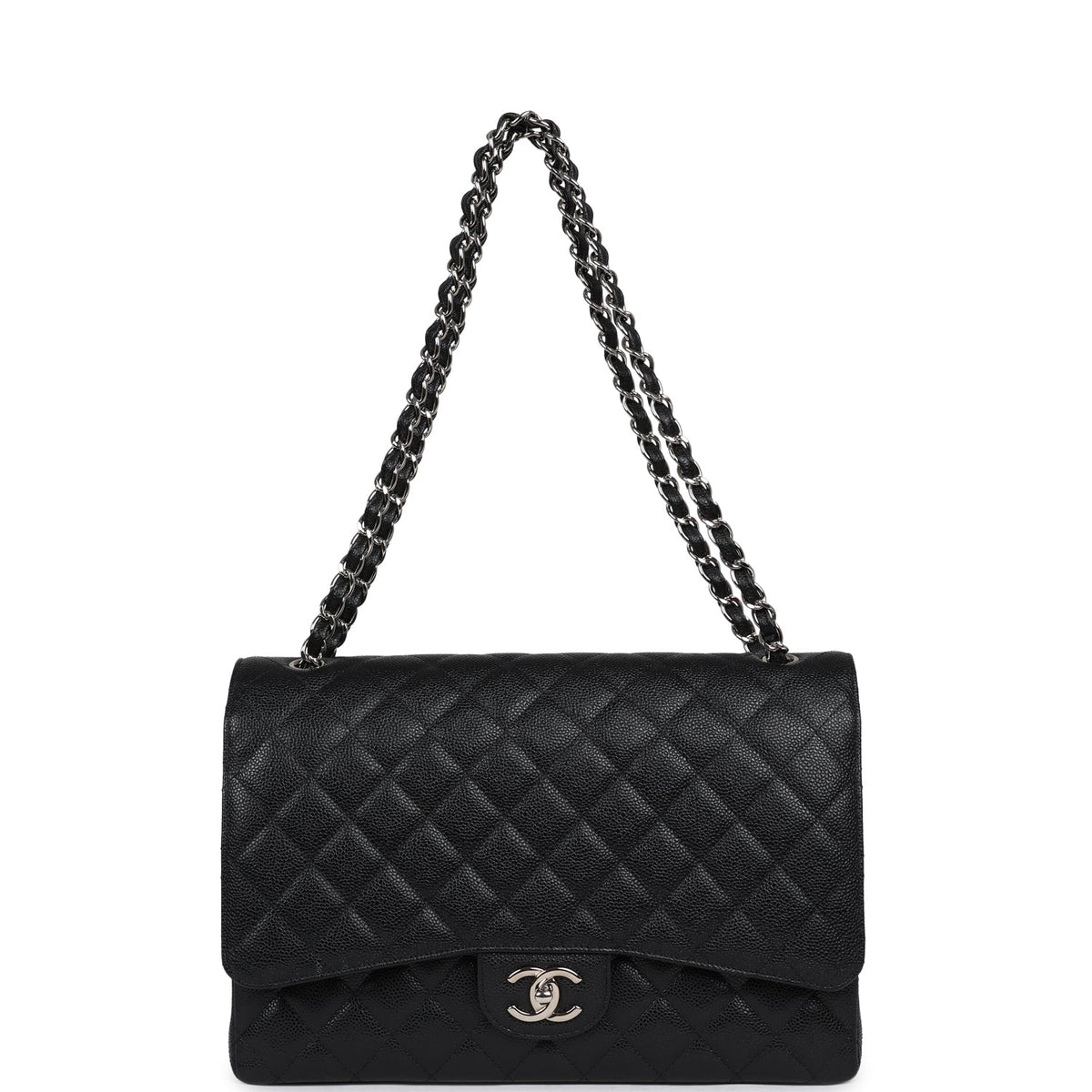 Chanel Maxi Classic Double Flap Bag Black Caviar Silver Hardware