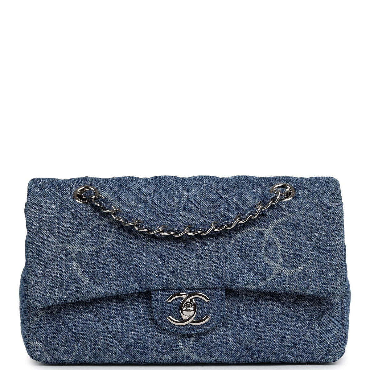 Pre-owned Chanel Medium Classic "CC Printed" Flap Bag Blue Denim Silver Hardware
