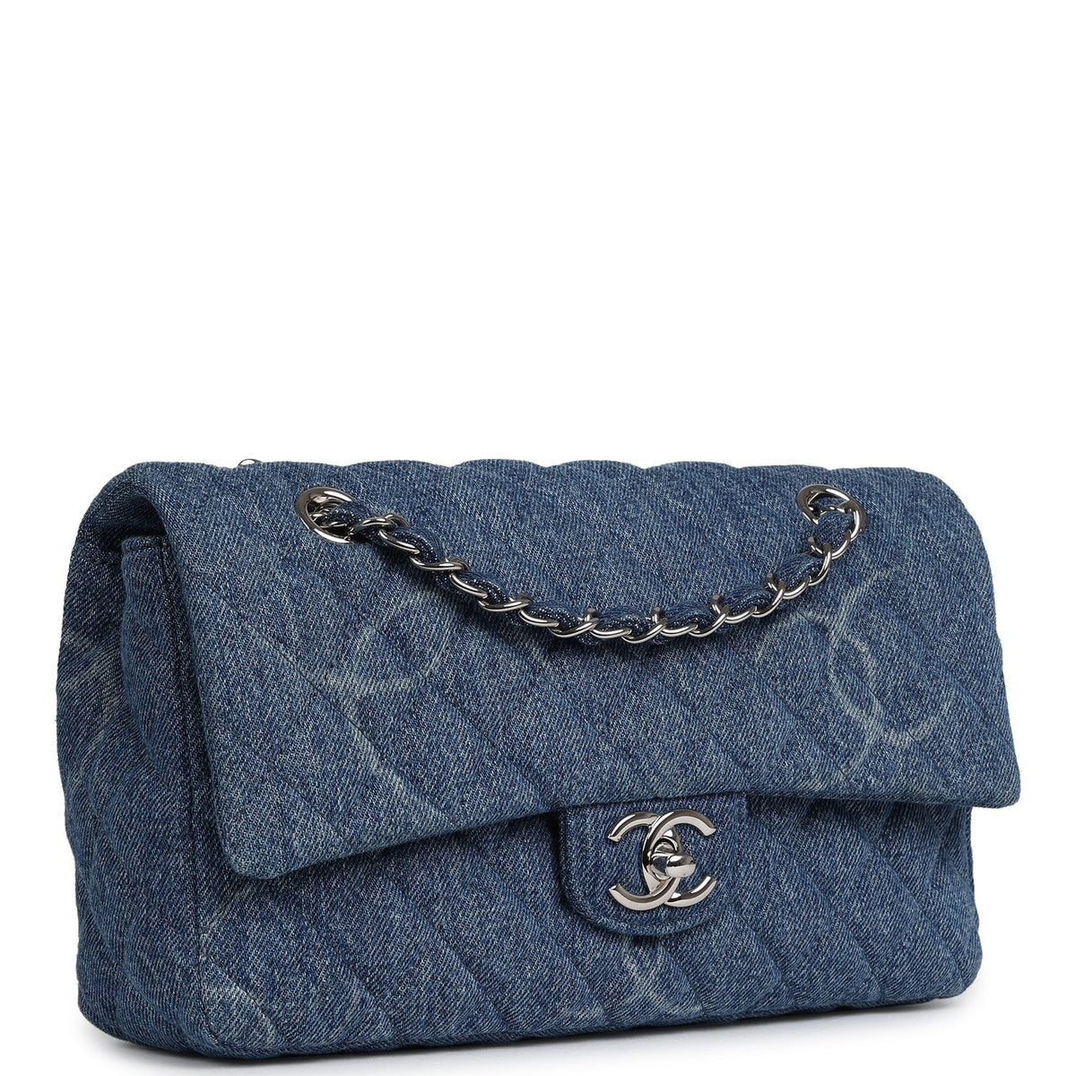 Pre-owned Chanel Medium Classic "CC Printed" Flap Bag Blue Denim Silver Hardware