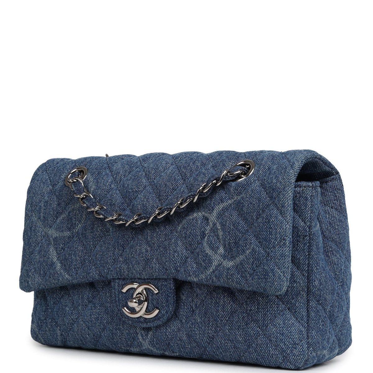 Pre-owned Chanel Medium Classic "CC Printed" Flap Bag Blue Denim Silver Hardware
