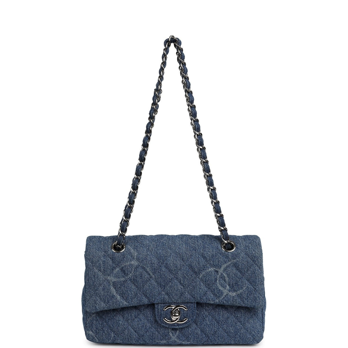 Pre-owned Chanel Medium Classic "CC Printed" Flap Bag Blue Denim Silver Hardware