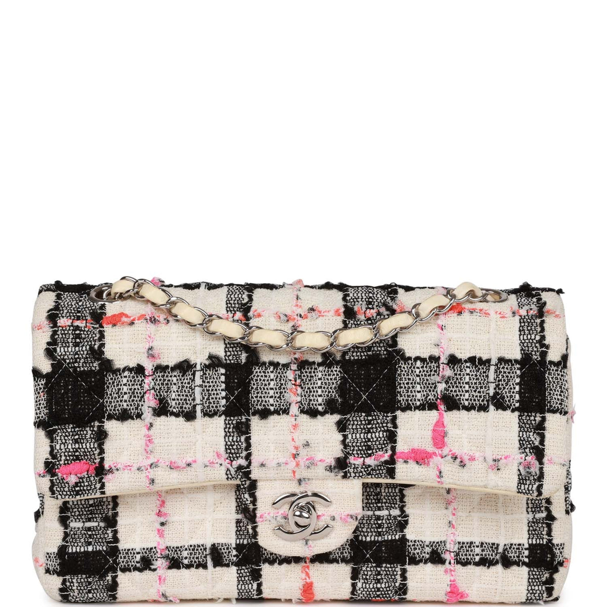 Pre-owned Chanel Medium Classic Double Flap Bag White, Black, Pink Tweed Silver Hardware
