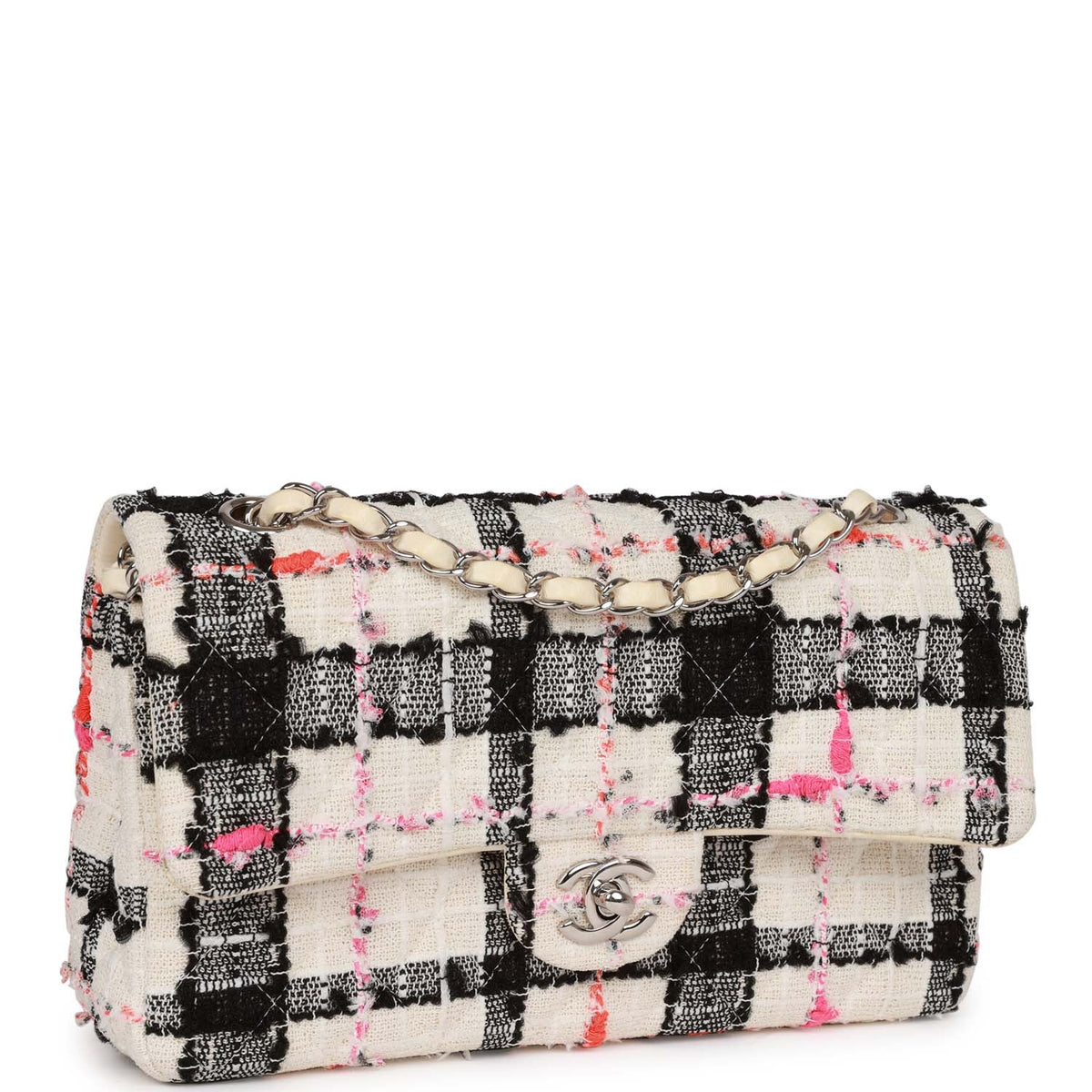 Pre-owned Chanel Medium Classic Double Flap Bag White, Black, Pink Tweed Silver Hardware