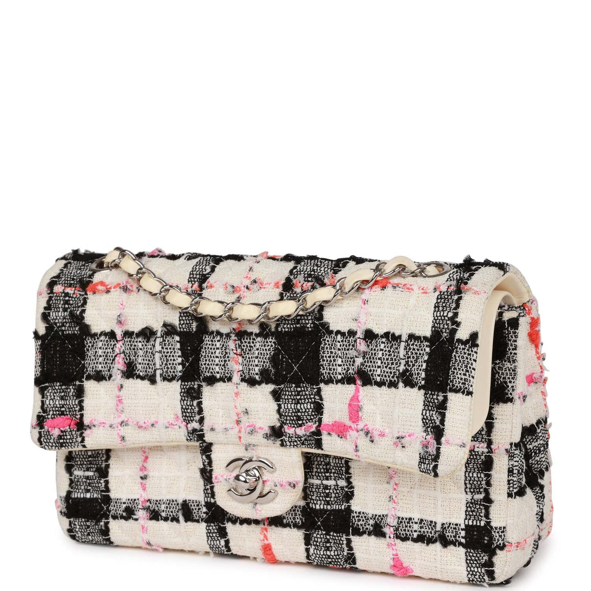Pre-owned Chanel Medium Classic Double Flap Bag White, Black, Pink Tweed Silver Hardware