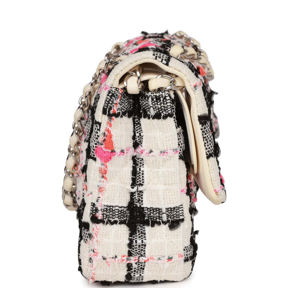 Pre-owned Chanel Medium Classic Double Flap Bag White, Black, Pink Tweed Silver Hardware