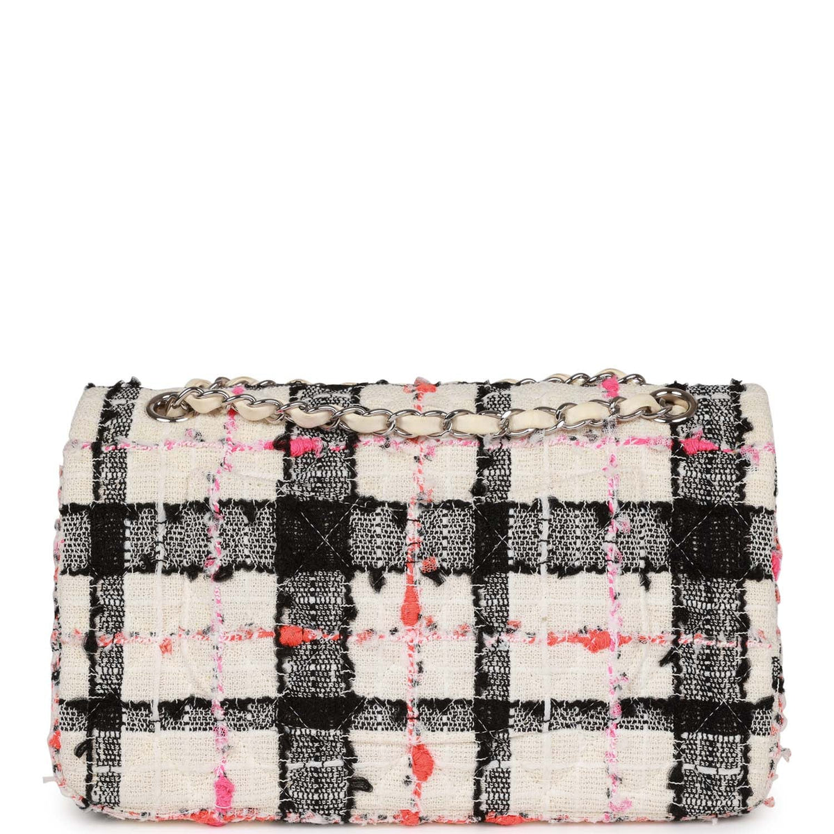 Pre-owned Chanel Medium Classic Double Flap Bag White, Black, Pink Tweed Silver Hardware