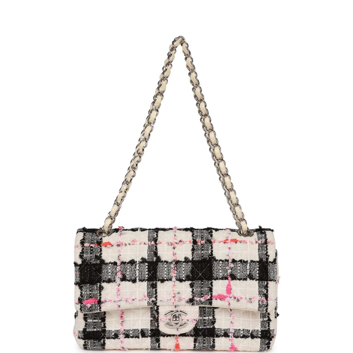 Pre-owned Chanel Medium Classic Double Flap Bag White, Black, Pink Tweed Silver Hardware