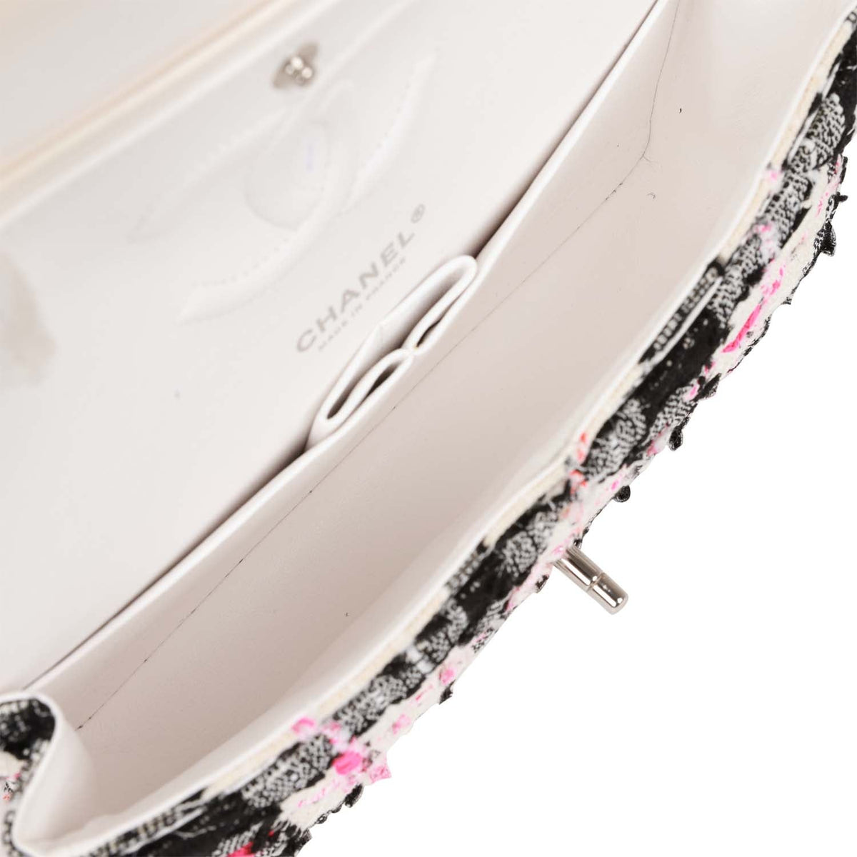 Pre-owned Chanel Medium Classic Double Flap Bag White, Black, Pink Tweed Silver Hardware