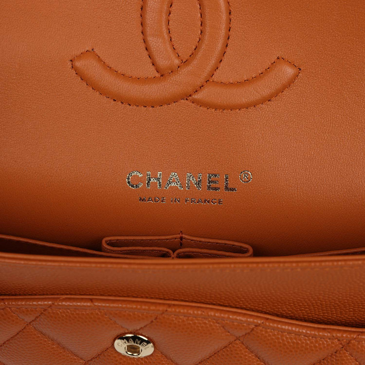 Chanel Medium Classic Double Flap Bag Caramel Shiny Caviar Light Gold Hardware
