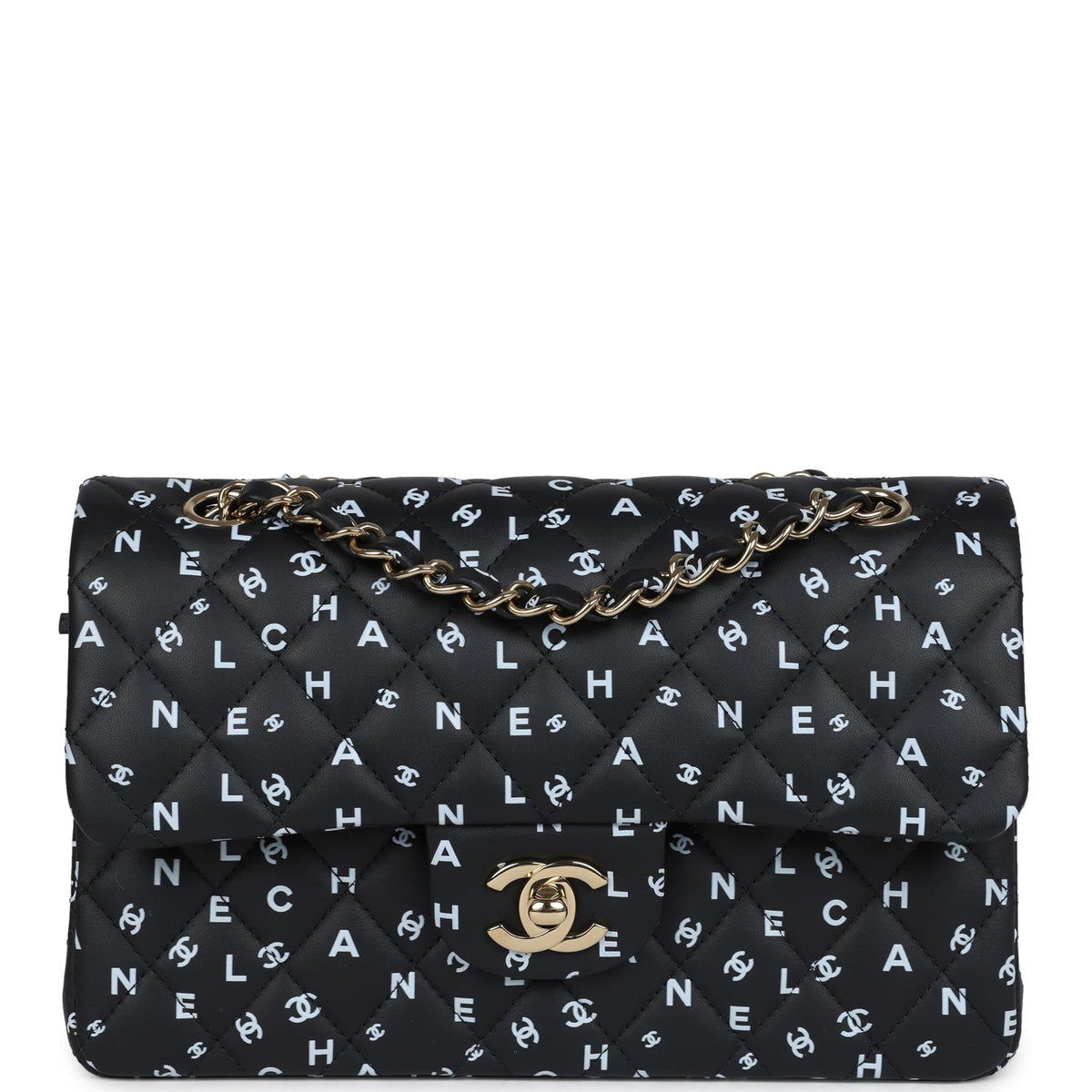 Chanel Small Classic Double Logo Printed Flap Bag Black, White Calfskin Gold Hardware