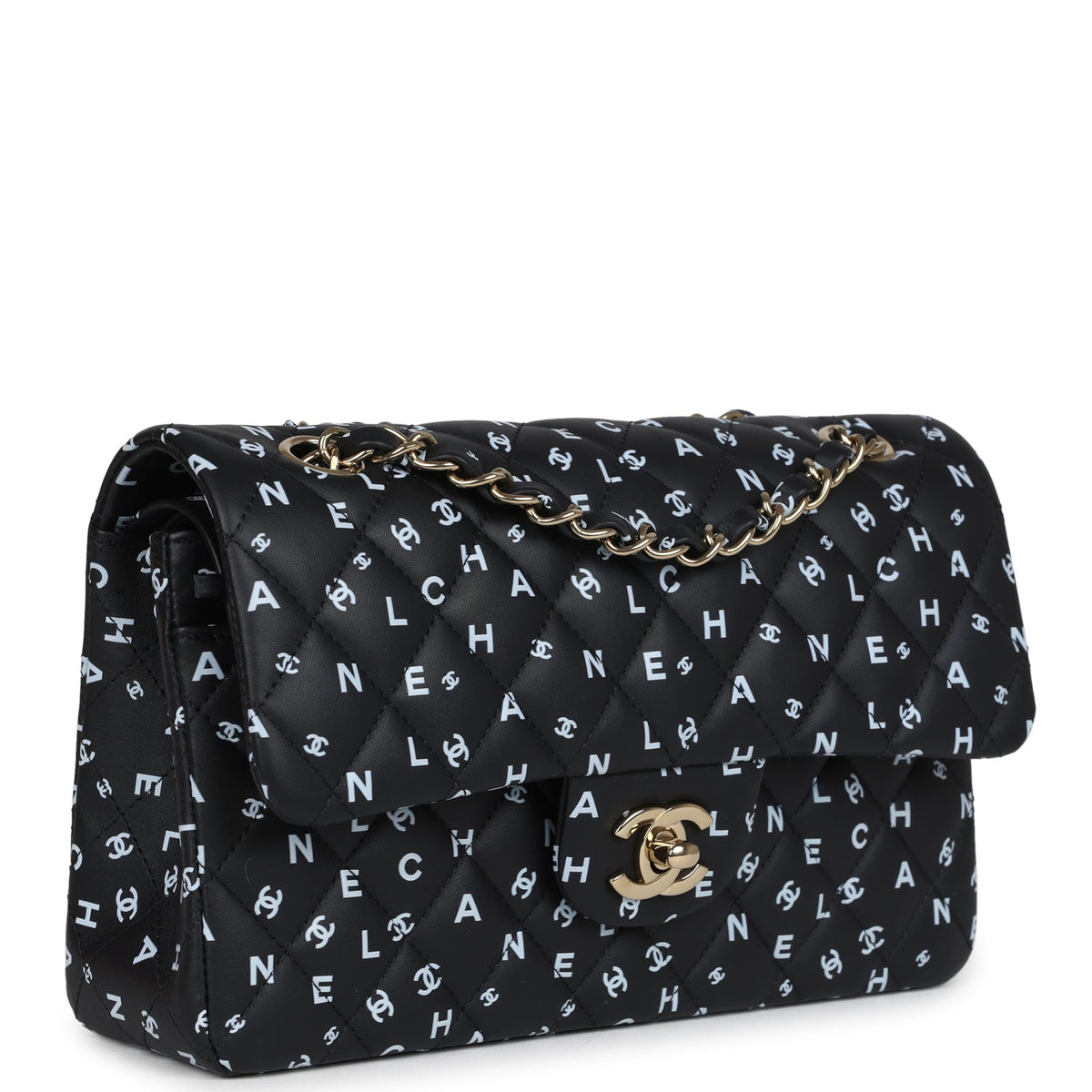 Chanel Small Classic Double Logo Printed Flap Bag Black, White Calfskin Gold Hardware