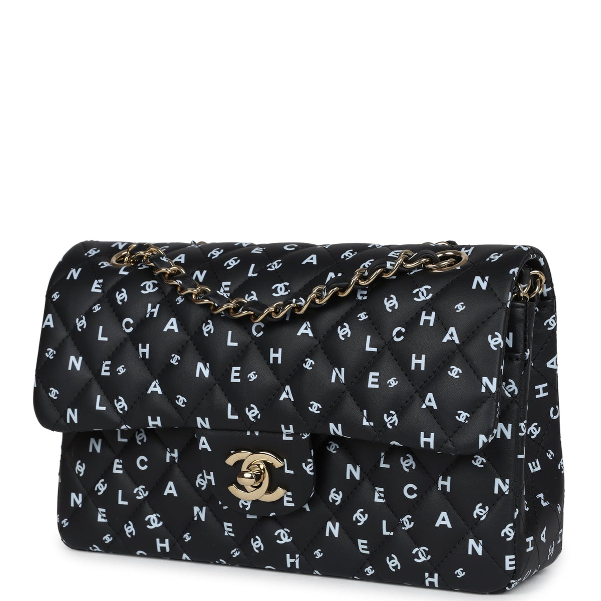 Chanel Small Classic Double Logo Printed Flap Bag Black, White Calfskin Gold Hardware