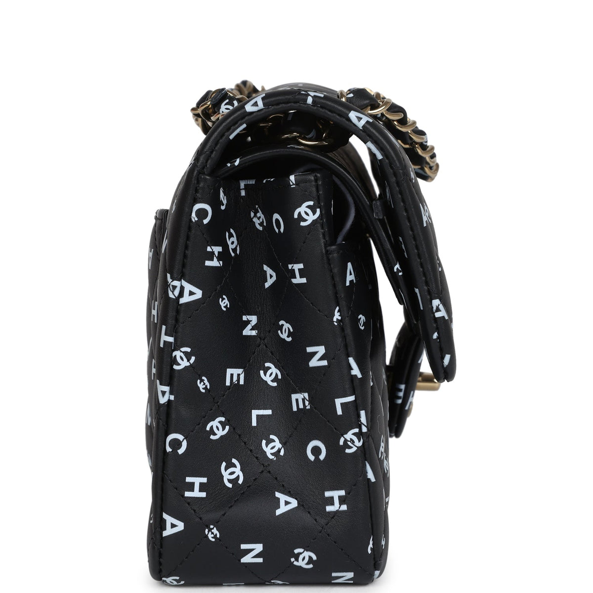 Chanel Small Classic Double Logo Printed Flap Bag Black, White Calfskin Gold Hardware