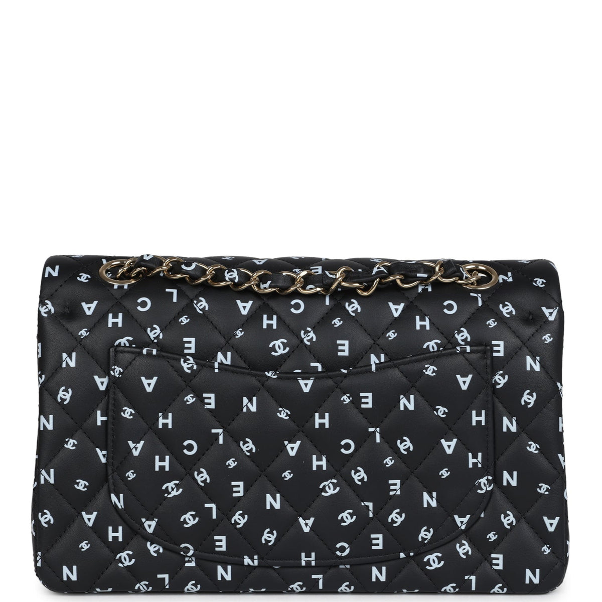 Chanel Small Classic Double Logo Printed Flap Bag Black, White Calfskin Gold Hardware