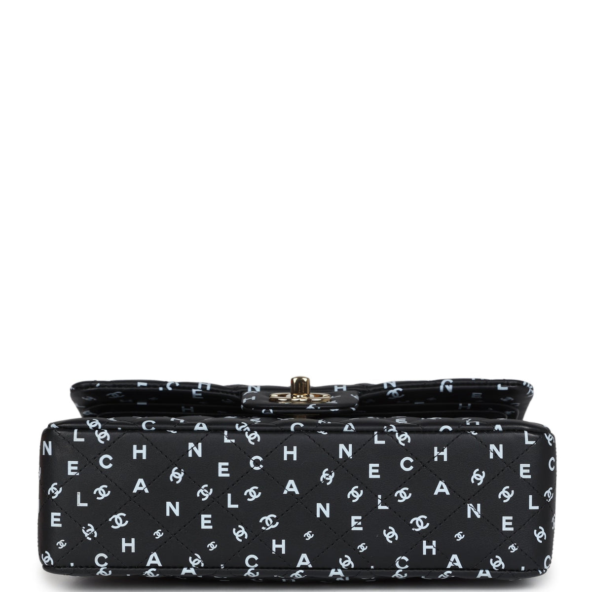 Chanel Small Classic Double Logo Printed Flap Bag Black, White Calfskin Gold Hardware
