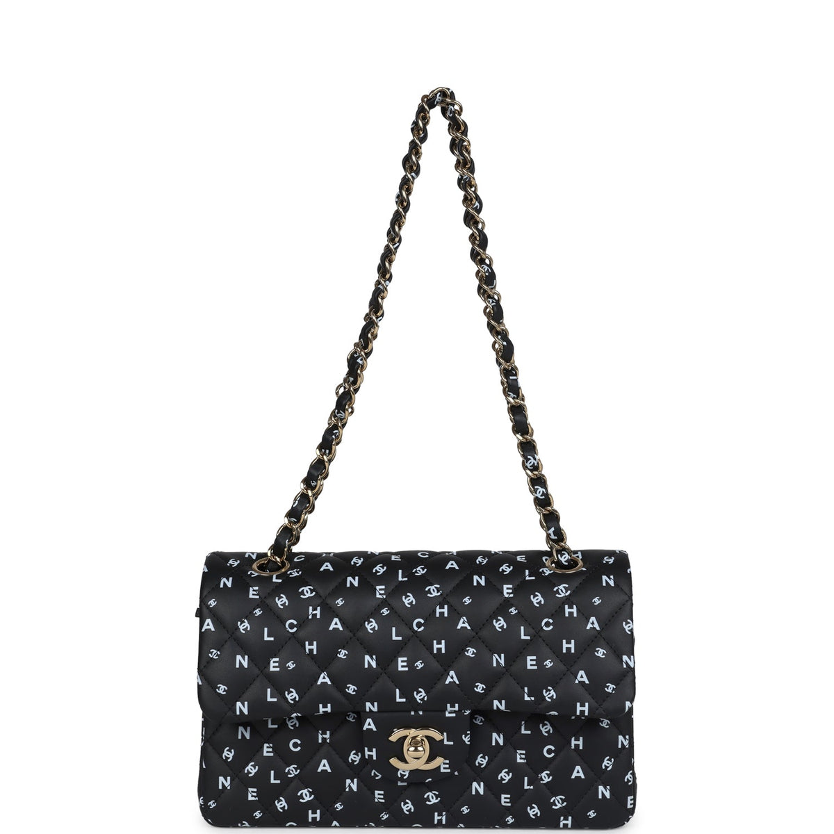 Chanel Small Classic Double Logo Printed Flap Bag Black, White Calfskin Gold Hardware