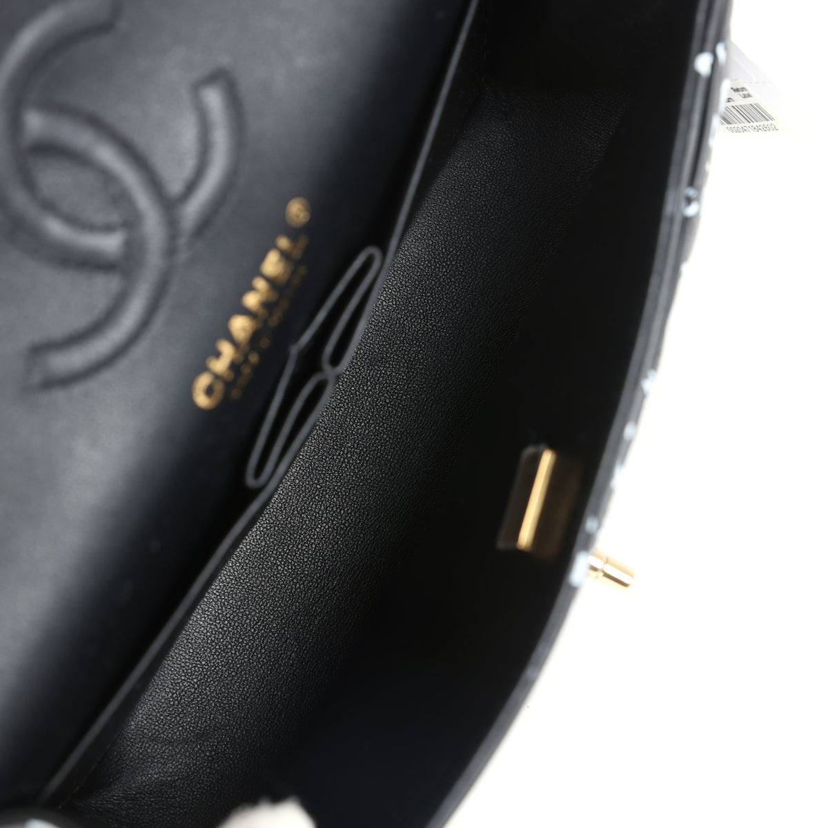 Chanel Small Classic Double Logo Printed Flap Bag Black, White Calfskin Gold Hardware