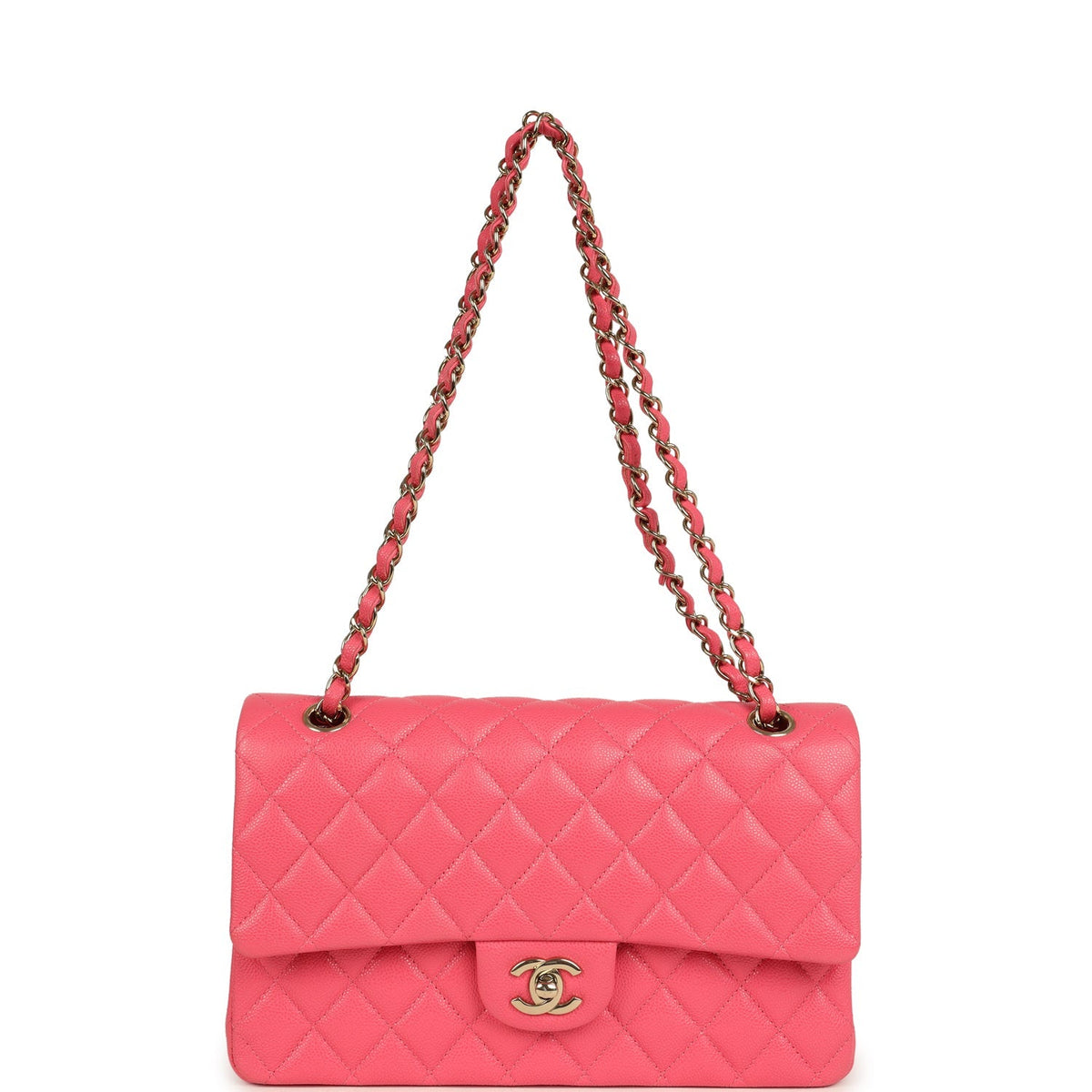 Pre-owned Chanel Medium Classic Double Flap Bag Dark Pink Shiny Caviar Gold Hardware