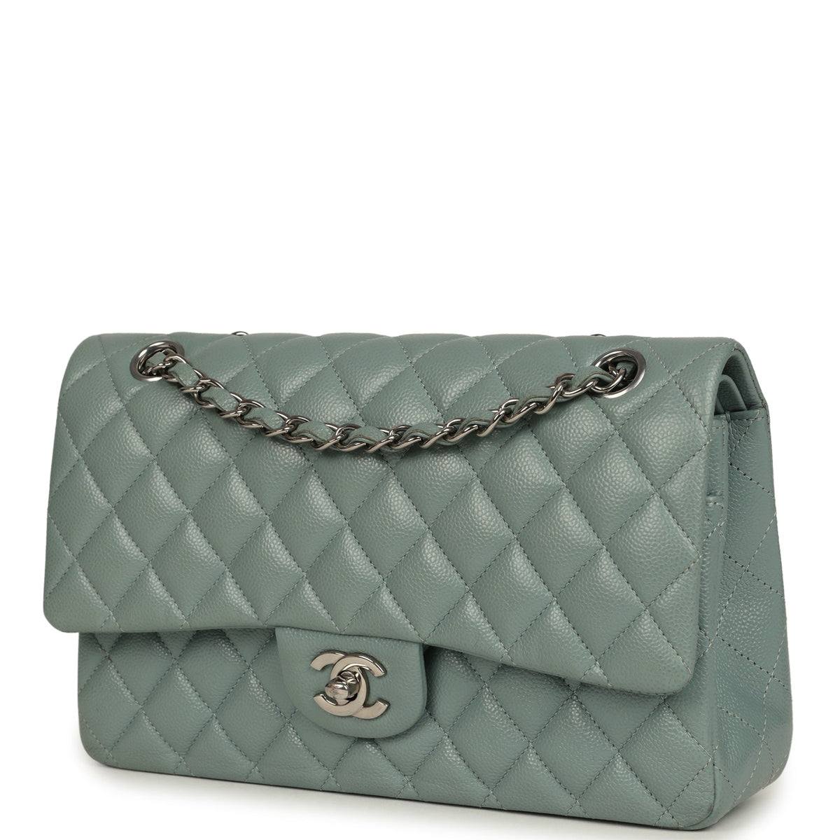 Pre-owned Chanel Medium Classic Double Flap Bag Blue Shiny Caviar Silver Hardware
