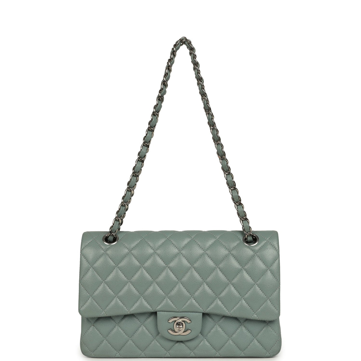 Pre-owned Chanel Medium Classic Double Flap Bag Blue Shiny Caviar Silver Hardware