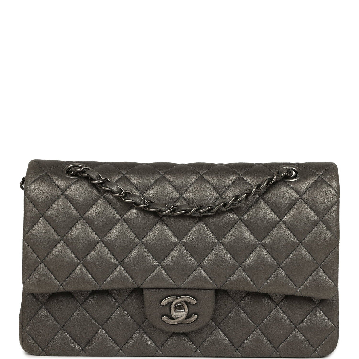 Pre-owned Chanel Medium Classic Double Flap Bag Charcoal Metallic Goatskin Aged Ruthenium Hardware