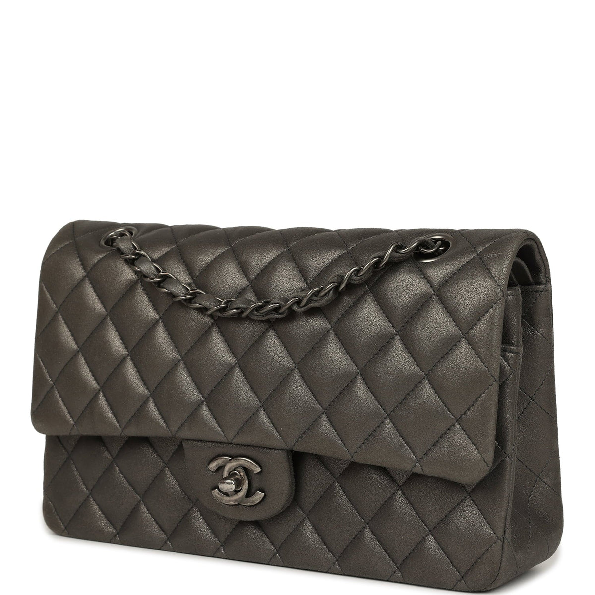 Pre-owned Chanel Medium Classic Double Flap Bag Charcoal Metallic Goatskin Aged Ruthenium Hardware