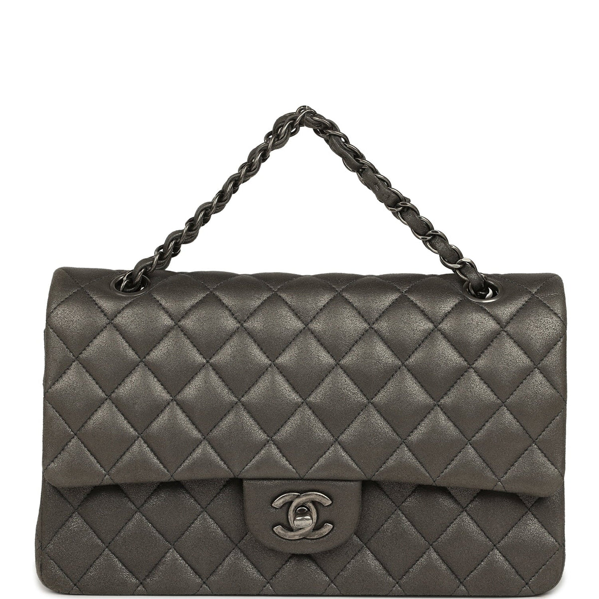 Pre-owned Chanel Medium Classic Double Flap Bag Charcoal Metallic Goatskin Aged Ruthenium Hardware