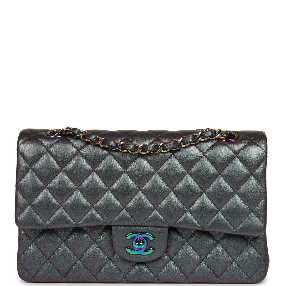 Pre-owned Chanel Medium Classic Double Flap Bag Iridescent Purple Goatskin Rainbow Hardware