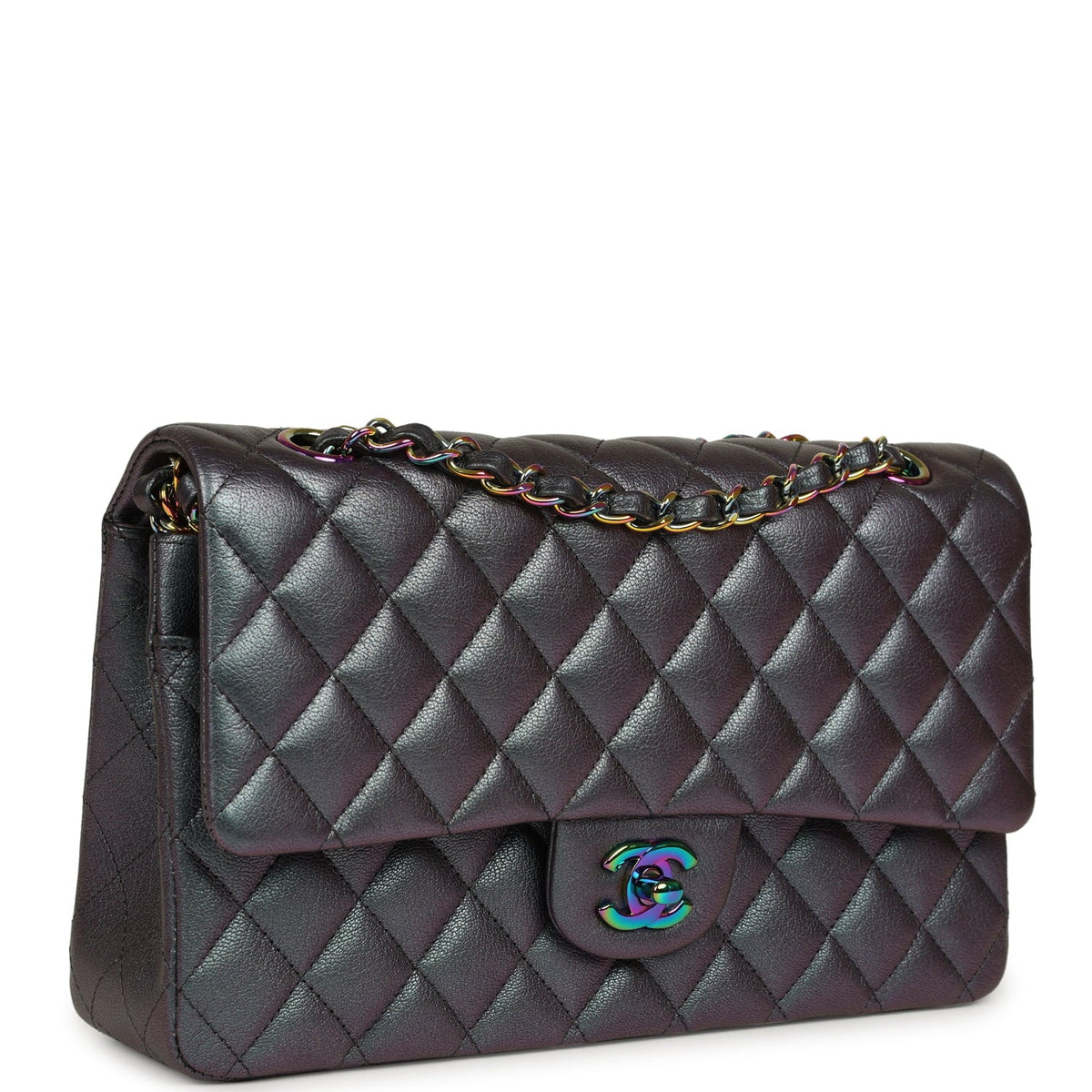 Pre-owned Chanel Medium Classic Double Flap Bag Iridescent Purple Goatskin Rainbow Hardware