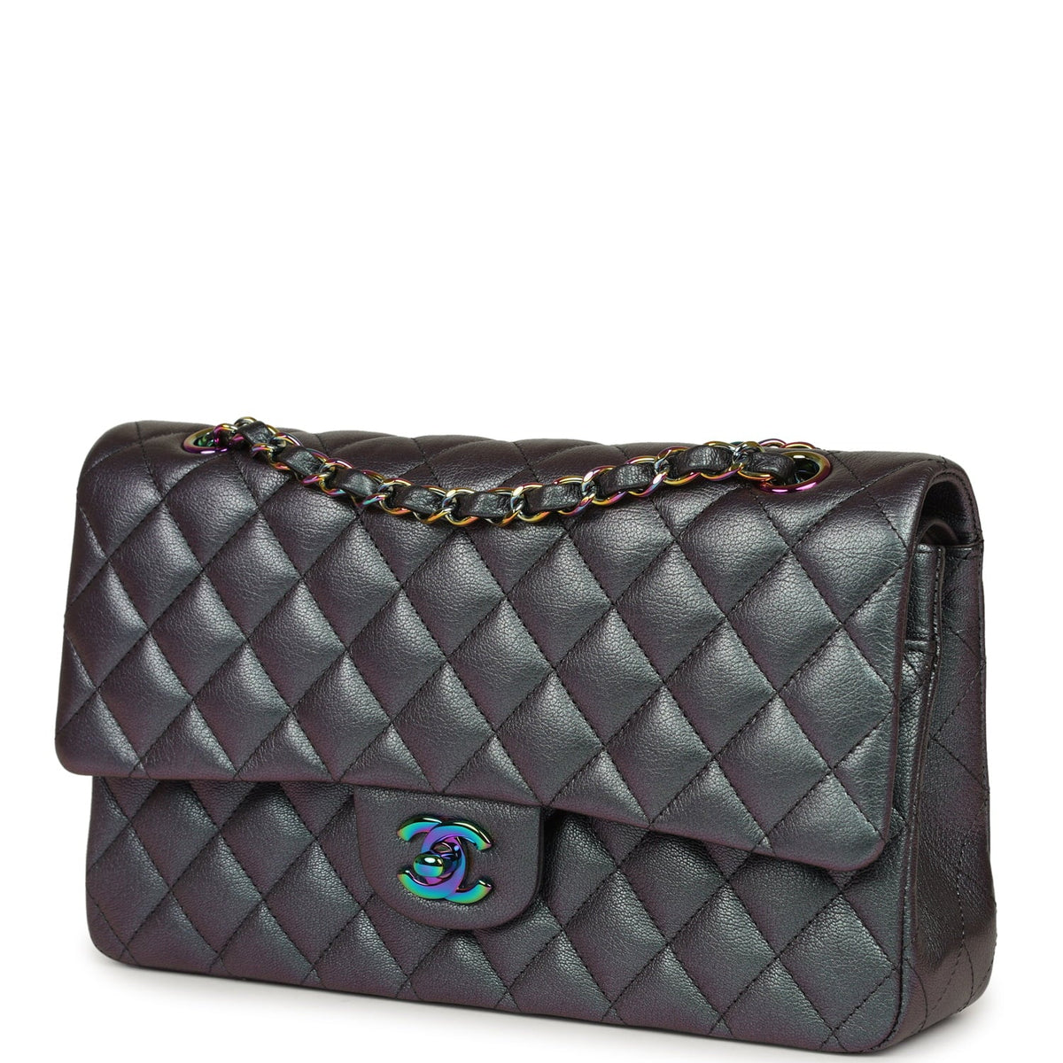 Pre-owned Chanel Medium Classic Double Flap Bag Iridescent Purple Goatskin Rainbow Hardware