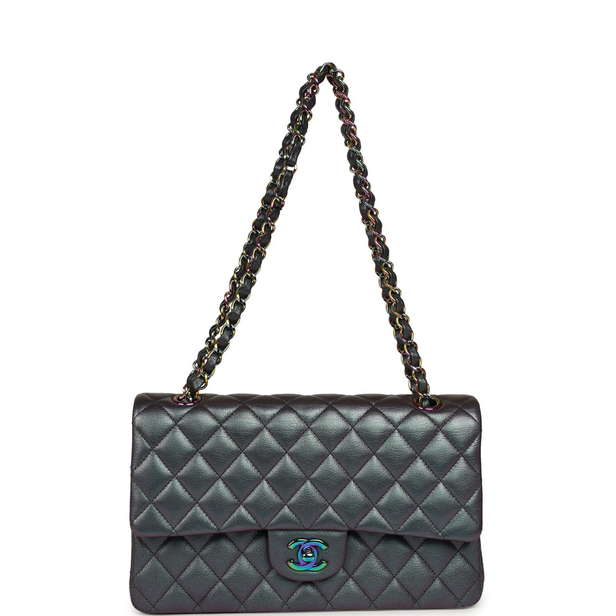 Pre-owned Chanel Medium Classic Double Flap Bag Iridescent Purple Goatskin Rainbow Hardware