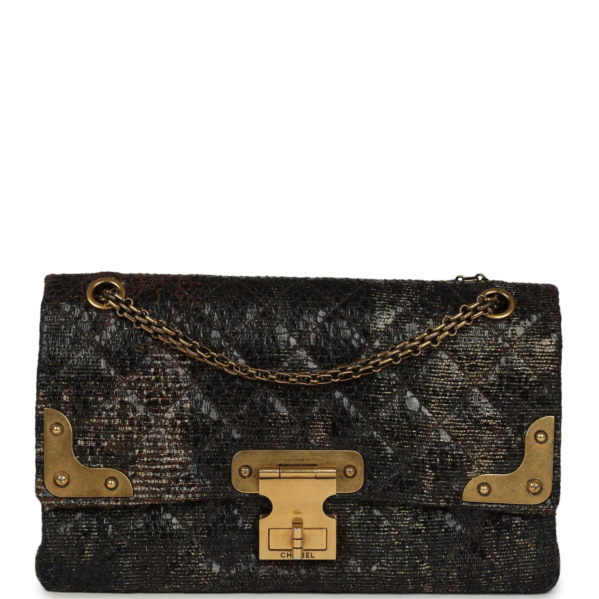 Pre-owned Chanel Medium Paris-Shanghai Reissue 226 2.55 Double Flap Bag Gold Glazed Tweed Antique Gold Hardware