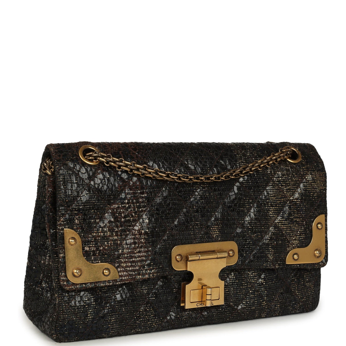 Pre-owned Chanel Medium Paris-Shanghai Reissue 226 2.55 Double Flap Bag Gold Glazed Tweed Antique Gold Hardware